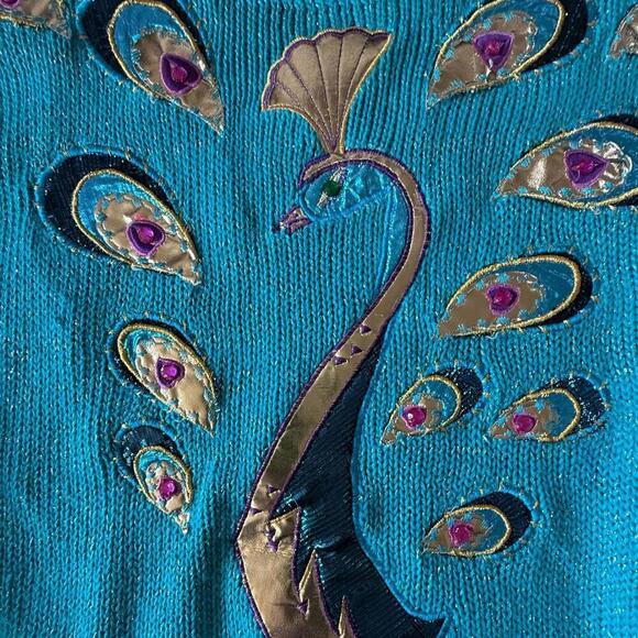 Bonnie Boerer Peacock Appliqué Sweater – Metallic Teal – M - Picture 5 of 8